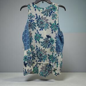 Blue Babydoll Sleeveless Top Blouse Tunic Sz L Boho Indie Whimsical Red Camel